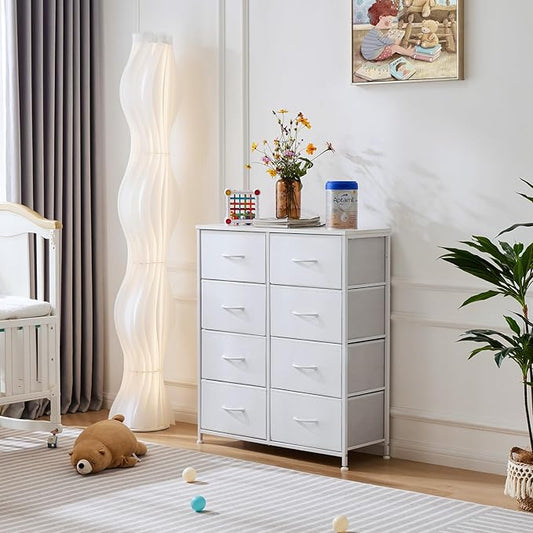 OLIXIS Dresser for Bedroom, 8 Storage Drawers, Tall Large Fabric Storage Tower Organizer, Chest of Drawers with Metal Frame Wooden Top for Nursery, Closet, Living Room, Entryway, Classic White