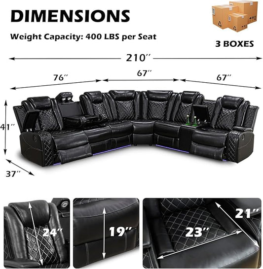 Leather Power Recliner Sectional Sofa with LED Light,L Shaped Leather Couch Set with 2 Recliner Seats,Modular Corner Sofa with Storage Console/Coffee Table for Living Room(Black, Sectional)