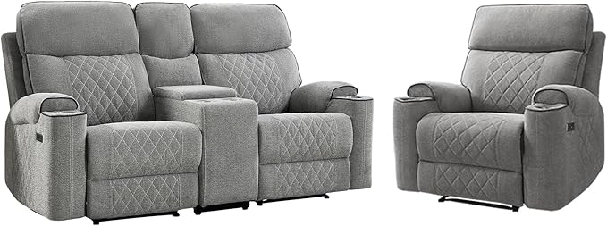 HAOMARKETS 2-Piece Power Recliner Sofa Set with Charging Port, Include Single Recliner Chair and 2-Seater Loveseat Reclining Couch with Hidden Storage and Cup Holders for Living Room, Light Grey