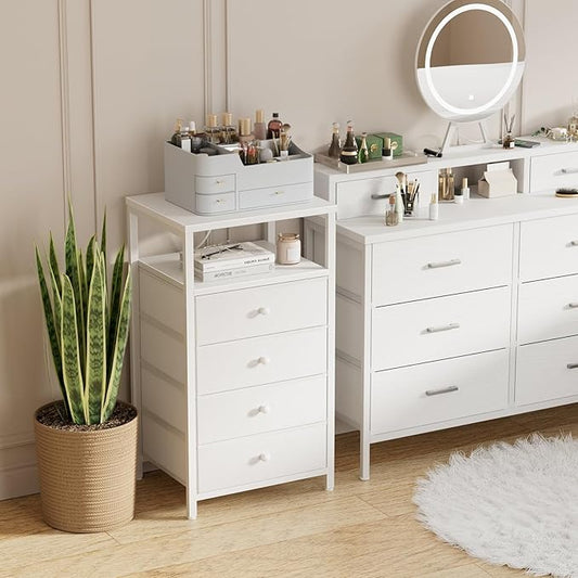 BOLUO Tall Night Stand with Drawers, White Nightstand with Charging Station and LED Light, Small White 4 Drawer Dresser for Bedroom, Room Storage Closet