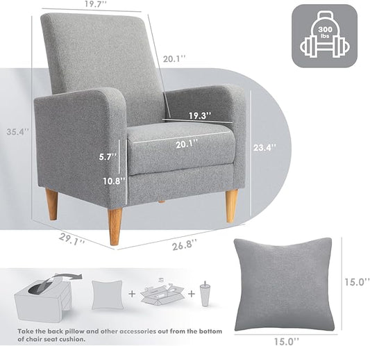 COLAMY Modern Upholstered Accent Chair Armchair with Pillow, Fabric Reading Living Room Side Chair,Single Sofa with Wood Legs, Light Grey