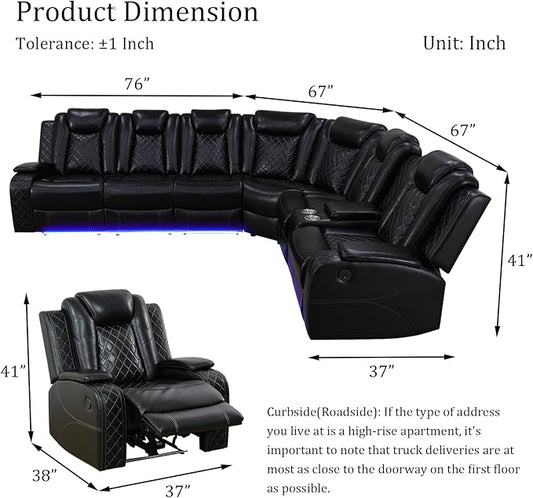 Power Reclinier Sectional Sofa Set,Black Leather Reclining Sectional Modular Sofa Set with Chair,L Shaped Leather Couch with LED Light for Living Room/House/Apartment/Lounge(L+Chair)