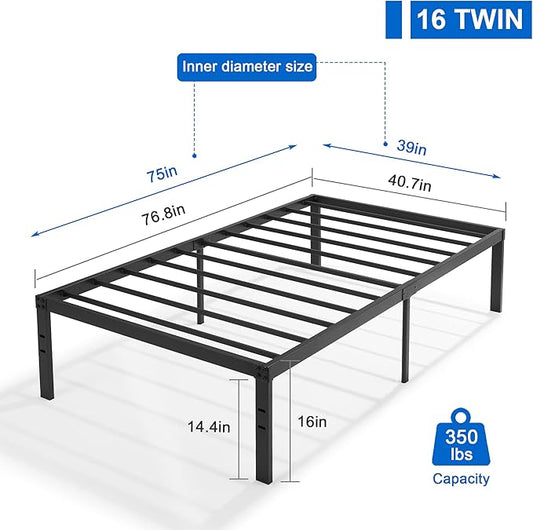 VECELO 16 Inch Twin Metal Platform Tall Bed Frame,Heavy Duty Steel Slat/Easy Assembly Mattress Foundation/No Box Spring Needed