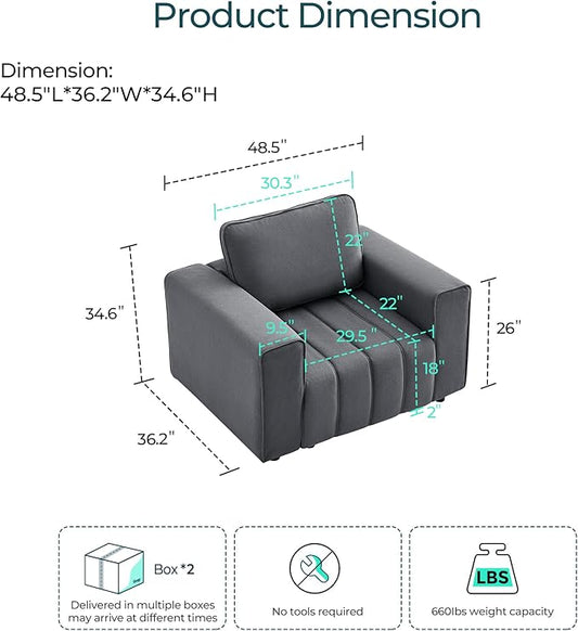 LINSY HOME Oversized Modular Sectional Sofa Chair, Deep Seat Upholstered Armchair with Anti Cat Stretch Fabric and Metal Frame, Modern Single Sofa for Living Room Bedroom Apartment Reading Room, Grey