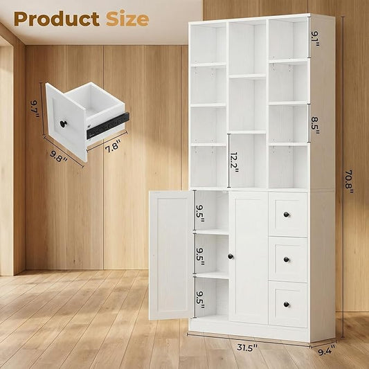 IRONCK 71" Tall Bookshelf and Bookcase with Cabinet and 3 Drawers, 7 Tier Bookshelves with Doors and Open Shelves for Living Room, Home Office, White