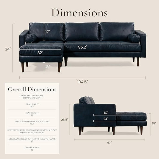 Poly & BARK Napa 104.5" Left-Facing Sectional Sofa – Midnight Blue Full-Grain Pure-Aniline Italian Leather, Feather-Down Cushions, Kiln-Dried Solid Wood Frame, Walnut Legs