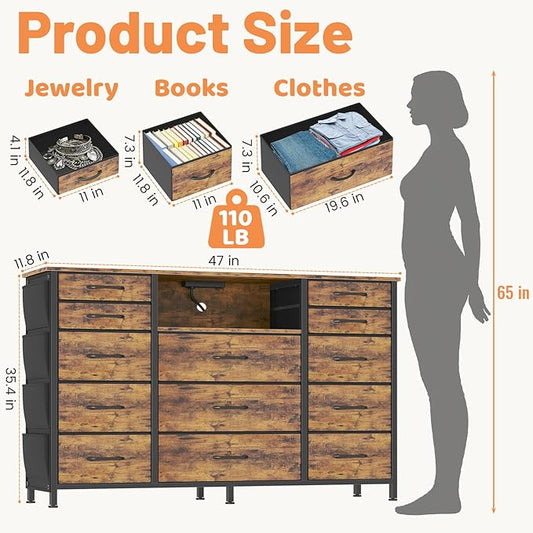 HCHQHS Dresser for Bedroom with 13 Drawers, 47 Inch Fabric Dresser with Remote Control Lights, Side Pockets & Hooks for Closet or Large TV Stand (Rustic Brown)