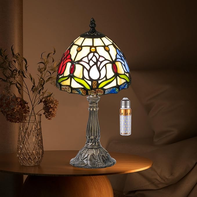 Tiffany Style Lamp,3 Color-Temperature Flower Stained Glass Lamp,8 Inch Tiffany Table Lamp for Bedroom Living Room Home, Handcrafted Light, Included Bulb