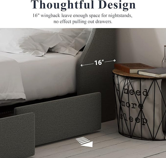 Allewie Full Size Bed Frame with 4 Storage Drawers and Wingback Headboard, Button Tufted Design, No Box Spring Needed, Light Grey