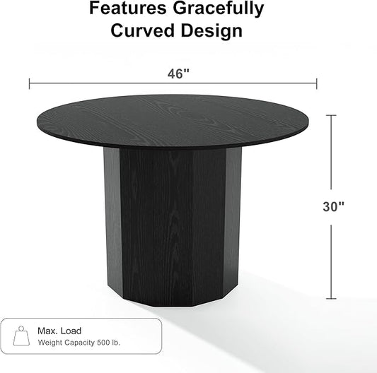 Casaphoria 46" Round Dining Table, Modern Wood Kitchen Table with Cylinder Polygonal Base for Living Room & Dining Room, Easy Assembly Farmhouse Furniture for 4-6, Black