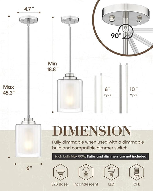 TENGXIN Modern Pendant Light,6-in Brushed Nickel Modern Pendant Light for Kitchen Island,Hanging Ceiling Light Fixture,Farmhouse Pendant Lighting for Dining Room Bedroom Office 2Pack,TXPLBN02-2PK-L