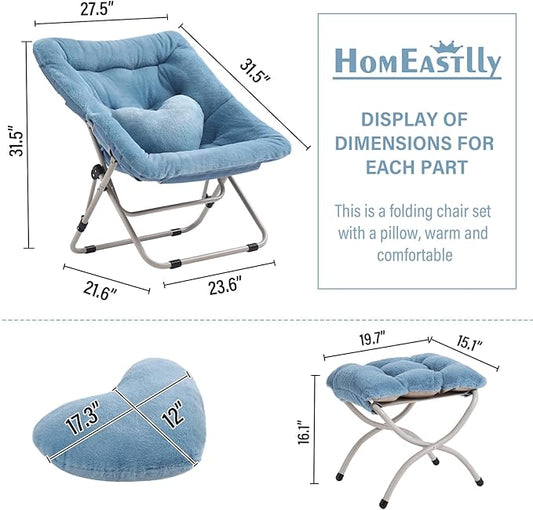 Saucer Chair with Ottoman, Comfy Oversized Folding Chair, Faux-Fur Reading Chair for Teens, Adults, Foldable Accent Lazy Chair, Metal Frame Chair for Living Room, Bedroom, Blue