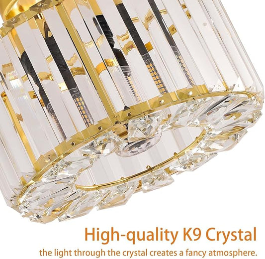 FRIDEKO HOME Crystal Ceiling Light - Gold Small Chandelier Semi Flush Mount Ceiling Light Fixture Modern Lights for Hallway Bathroom Kitchen Entryway (9.05 Inch, Bulb not Included)