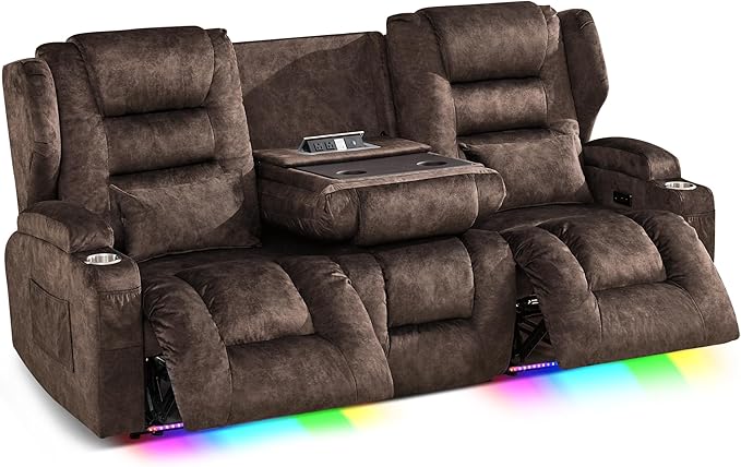 SAMERY Power Loveseat Recliner Sofa, Wall Hugger Reclining Loveseat Sofa, Movie Home Theater Seating with Flip-Backrest, Solid Wood Top, Ambient LED Lights, USB-C, Outlets, Velvet, Chestnut | Extra Wide Seat, Plush Padding, Dual Power Recline, Flip-Dow...
