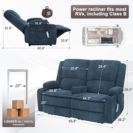 Yolsali Power Reclining Loveseat with Remote Control, Zero Wall Hugger RV Loveseat Recliner Sofa for Living Room with Removable Armrest, 2-Tier Cushions, Hidden Storage & USB Ports, Soft Fabric Blue