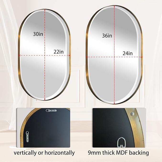 POZINO Modern Oval Beveled Mirror, 22"x30" Brushed Gold Bathroom Vanity Mirror Over Sink, Pill Shaped Capsule Wall Mounted Mirrors for Living Room Bedroom Entryway, Hangs Vertically or Horizontally