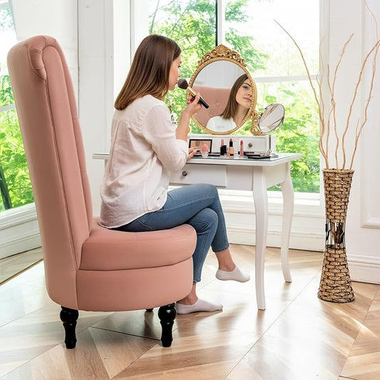Royal High-Back Velvet Accent Chair for Vanity with Storage and Luxurious Upholstery, Retro Design and Versatile Usage for Living Room, Bedroom, Lounge and Office, Rose