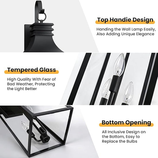 28" Large Outdoor Wall Lights 2 Pack, 3-Light Black Exterior Sconces with Clear Glass, Extra Tall Waterproof Porch Lanterns, Aluminum Alloy Fixtures for Front Door Garage, E12 Socket