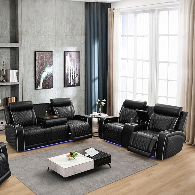 Breathing Leather Power Recliner Sofa Set, 2 Piece Leather Couch and Loveseat Set, Living Room Furniture Set with Storage Console/LED Lighting (Black New, Sofa+Loveseat)