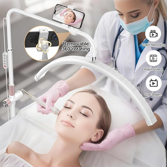 AURELLE Half Moon Lash Light - Adjustable LED Floor Lash Lamp with 4X Magnifier & Phone Holder for Eyelash Extensions,Nail Art,Tattoo,Skincare,Salon SPA-Dimmable Brightness,Rotating Head, White