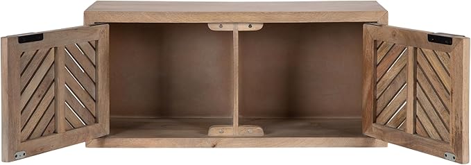 Kate and Laurel Mezzeta Decorative Two-Door Wall Cabinet; 30 x 10 x 14; Natural Wood; Decorative Modern Storage Cabinet for Use as Floating Nightstand or Floating TV Shelf