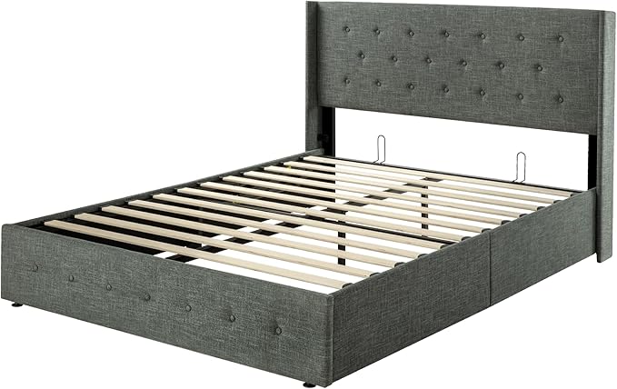 SHA CERLIN Full Size Lift Up Storage Bed Frame,Button Tufted Wingback Headboard,Upholstered Platform,Hydraulic Storage,Wooden Slat Support,No Box Spring,Dark Grey