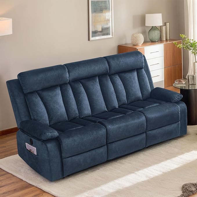 Power Reclining Sofa with Heat and Massage, Electric Reclining Couch with Drop Down Table,Cup Holders, Dual Ports, Wall Hugger Recliner Sofa for Living Room,Home Theater (Blue, Sofa)