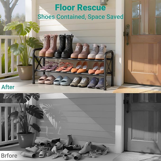 2-Tier Expandable Shoe Rack for Closet Floor, X-Frame Metal Small Shoe Rack for Entryway, Adjustable Shoe Shelf Organizer, Free Standing Shoe Racks for Front Door Entrance, Garage - Black