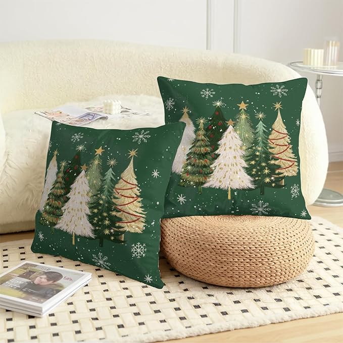 Green Christmas Outdoor Pillow Covers 20x20 Set of 2 White Gold Xmas Tree Snowflakes Pillow Case Rustic Farmhouse Winter Holiday Decorative Pillowcases for Home Sofa Couch