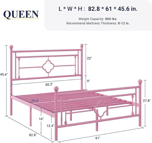 Allewie Queen Size Metal Platform Bed Frame with Victorian Vintage Headboard and Footboard/Mattress Foundation/Under Bed Storage/No Box Spring Needed/Noise-Free/Easy Assembly, Pink