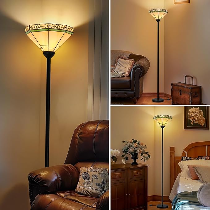 Seaside village Tiffany Floor Lamp, Torchiere Standing Lamp with Stained Glass Shade, Vintage Tall Pole Lamp with Foot Switch, Decorative Corner Light for Living Room Bedroom Home Office(E26 Base)