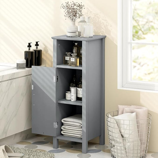 LUARANE Wooden Bathroom Floor Storage Cabinet, Side Storage Organizer Cabinet with 1 Door Open Shelf Adjustable Shelves, Small Free Standing Sideboard for Entryway Living Room Kitchen (Gray)