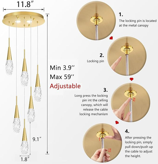 6-Lights Adjustable Pendant Lights for Kitchen Island LED Dimmable Light Fixture Modern Glam Crystal Hanging Lighting for Dining Room Bedroom Antique Gold