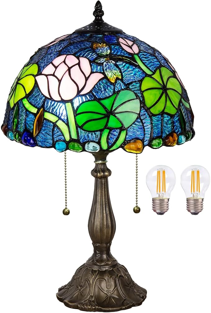 Tiffany Table Lamp, Flower Stained Glass Lamp,12 Inch Tiffany Style Lamp for Bedroom Living Room Home, Handcrafted Light, Included Bulb