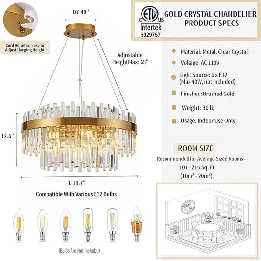 Modern Luxury Brushed Brass Gold Crystal Chandelier, 6-Light 2-Tier Raindrop Round Pendant Ceiling Light for Dining Room,Kitchen Island,Foyer,Bedroom,Entryway - 19.7" D,E12 Base