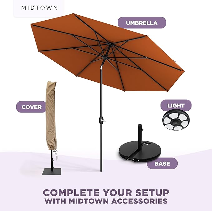 Midtown Umbrellas - The Lean 8 Ft Patio Umbrella with Fade-Resistant Sunbrella Fabric, Auto-Tilt Aluminum Frame and 8 Reinforced Ribs for Deck, Pool & Garden - Terracotta Canopy, Black Pole