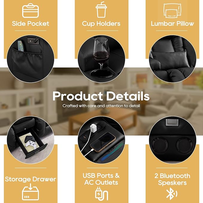 IPKIG Power Recliner Sofa with Flip-Up Backrest Console, USB & USB-C Ports, AC Outlet, LED Lights, Wall Hugger Recliners for Living Room, RV (Midnight Black, 67" - 2 Seat) | Breathable Leather, Zero Gravity, Dual Reclining, 2 Lumabr Pillow, Bluetooth S...