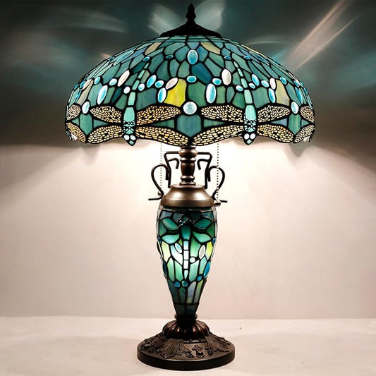 WERFACTORY Tiffany Table Lamp Sea Blue Stained Glass Dragonfly Style 16X16X24 Inches Mother-Daughter Vase Desk Reading Light Decor Bedroom Living Room Home Office S147 Series