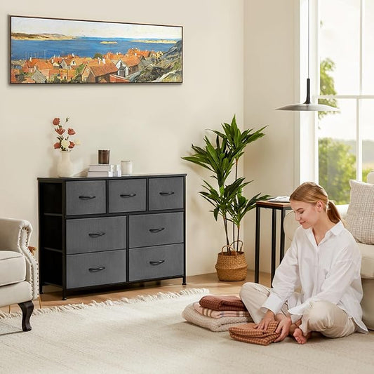 Sweetcrispy 7 Drawer Dresser Storage Organizer with Fabric Bins, Sturdy Steel Frame and Wood Top, Easy Pull Handles, for Bedroom Closet Hallway Entryway,Grey