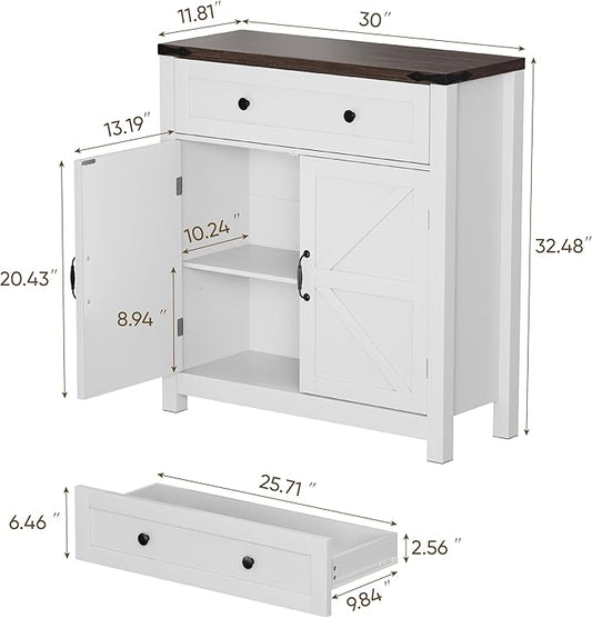 Semiocthome Farmhouse Sideboard Buffet Cabinet with Storage and Adjustable Shelf, Accent Table with Barn Door, Storage Cabinet for Kitchen, Dining Room, Bathroom, Entryway - White