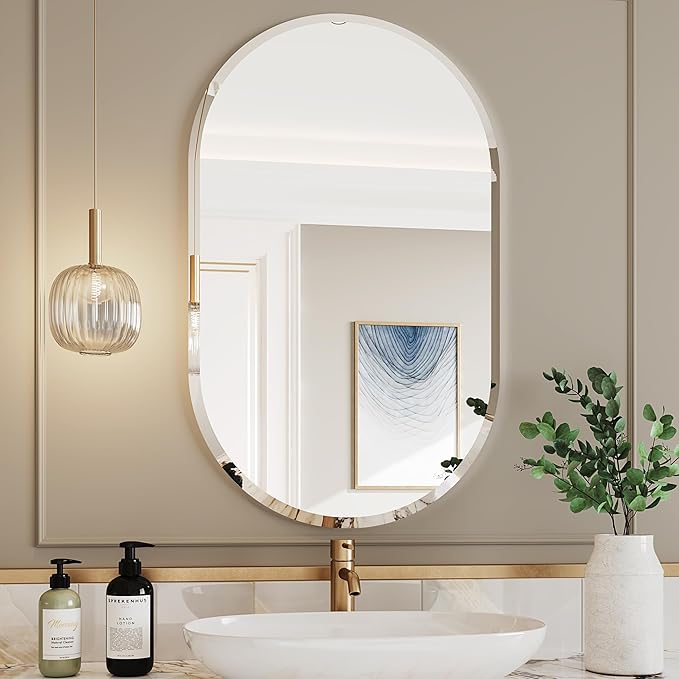 24x36 Oval Mirror, Frameless Art Deco Wall Mirror, Bathroom Mirror