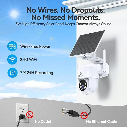 MUBVIEW 24/7 Continuous Recording Wireless Outdoor Security Camera, 2.4G WiFi, 2K Solar Powered, 360° PTZ, Auto Tracking, SD Included, Optional Cloud Storage, AI Detection, Night Vision(White,2 Packs)