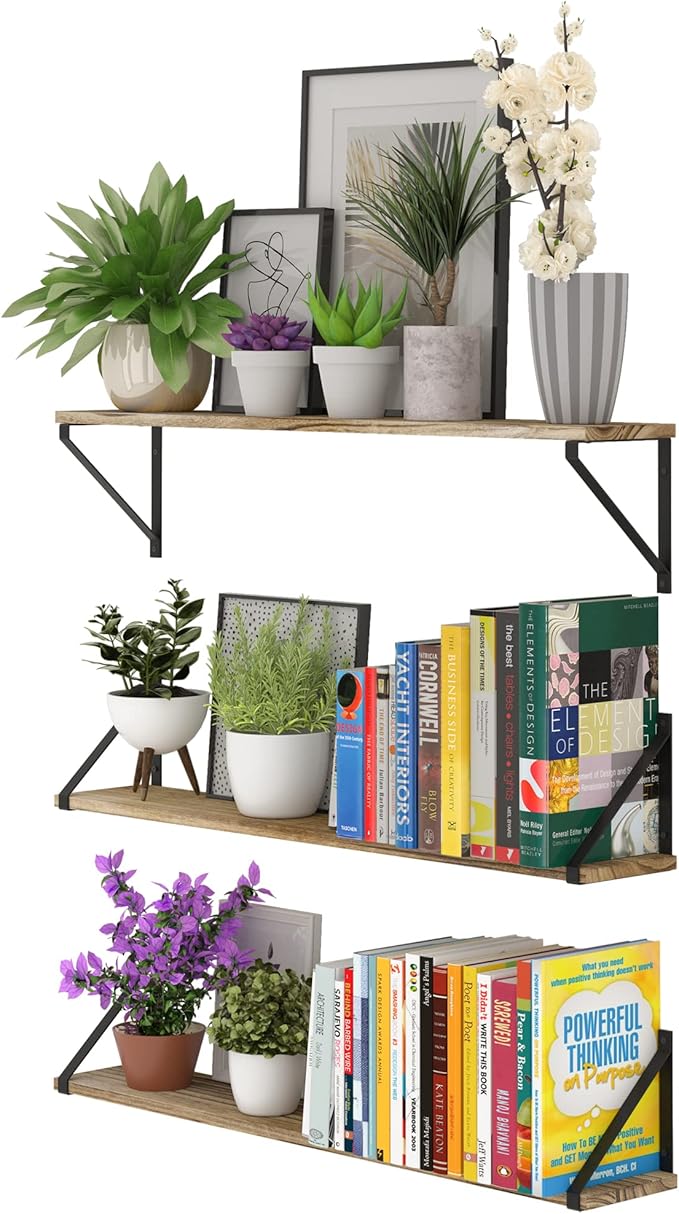 Wallniture Bora 36 Inch Large Floating Shelves for Wall Storage, Floating Bookshelf Set of 3, Burned Wood Wall Shelves for Books