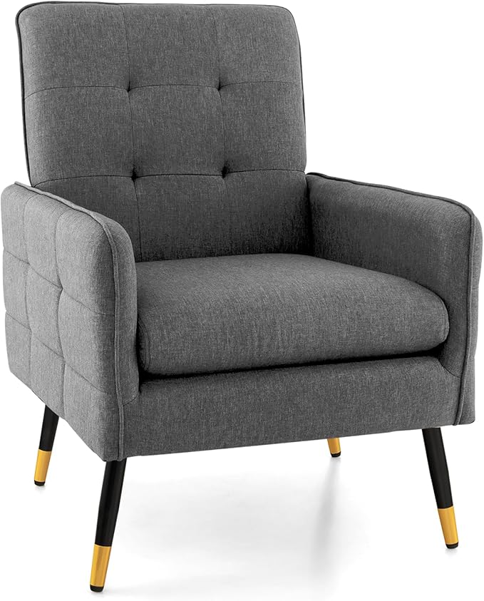 Giantex Modern Mid-Century Accent Chair - Upholstered Armchair with Tufted Back, Metal Legs, Adjustable Foot Pads, Linen Fabric Single Sofa Chair for Reading, Living Room Chair for Bedroom, Grey