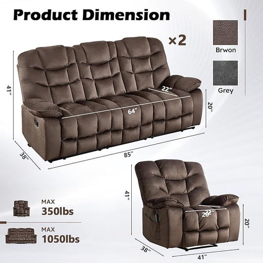 HAOMARKETS 3 Pieces Recliner Sofa Furniture Set, Include a Power Recliner Chair with Message&Heat and 2 3-Seater Reclining Couches for Living Room, Brown