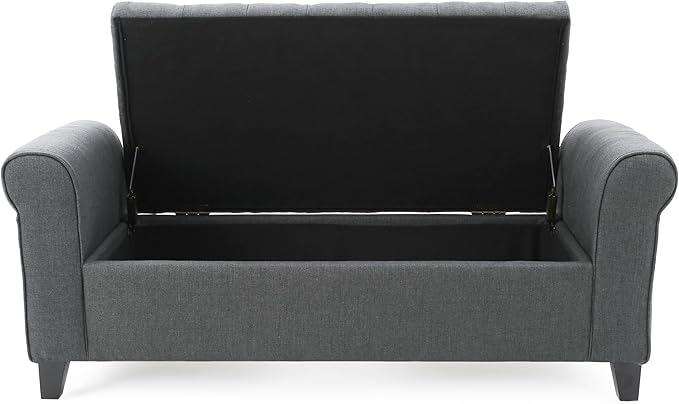 Christopher Knight Home Keiko Fabric Armed Storage Bench, Dark Grey, 19.50”D x 50.00”W x 19.25”H