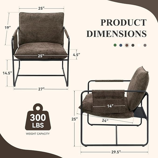 Accent Chair with Metal Frame, Upholstered Living Room Chairs with Cushions, Comfy Reading Armchair for Bedroom Brown