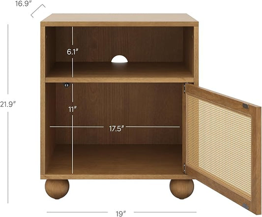 Nathan James Franco Faux Rattan Side Table Nightstand with Storage, Rustic Bedside Table with Solid Wood Legs, Light Brown