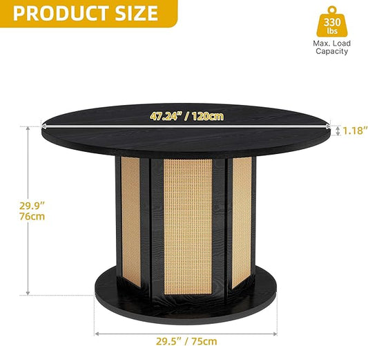 YITAHOME Round Dining Table for 4-6 People 47 Inch Circle Dining Table with Wooden Rattan Base Modern Farmhouse Kitchen Table Round for Dining Room Kitchen Apartment, Black