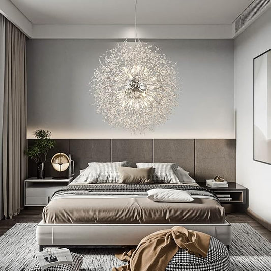 Modern Crystal Chandelier Firework, 31.4" Dandelion Crystal Chandelier Lighting Chrome, 16-Light Steel Large Pendant Sputnik Chandelier for Living Room Foyer